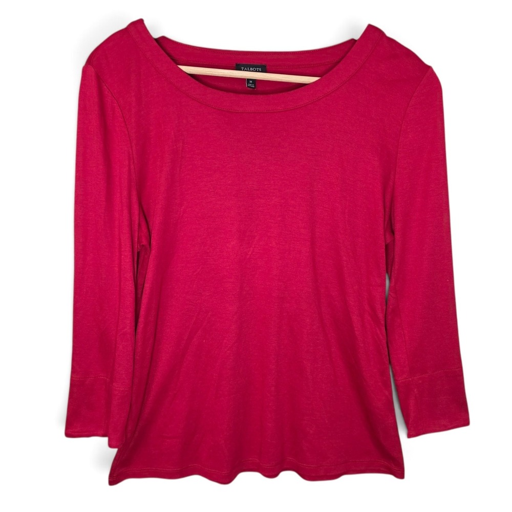 Talbots Top Womens Medium M Red Boatneck 3/4 Sleeve Knit Tee Shirt Bateau Neck